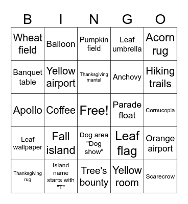 Thanksgiving ACNH Bingo Card