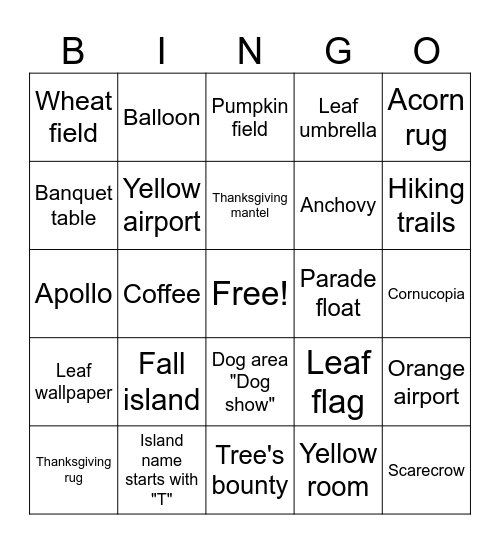 Thanksgiving ACNH Bingo Card