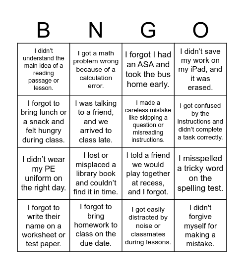 Mistakes Bingo Card