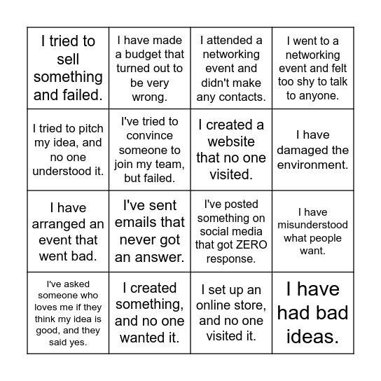 Failures Bingo Card