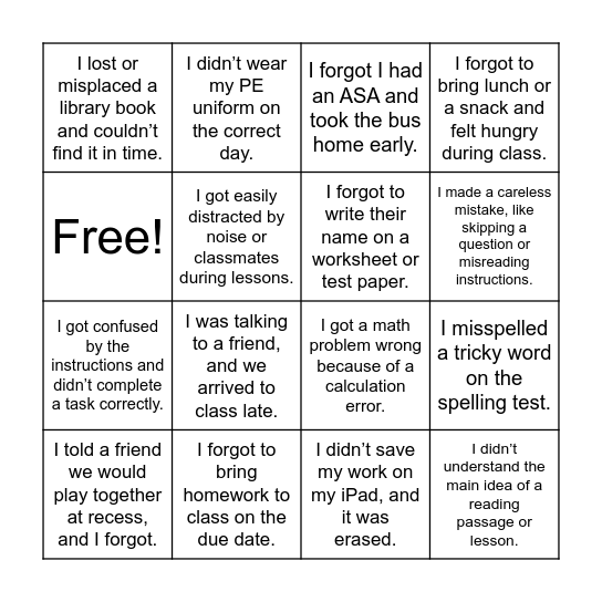 Mistakes Bingo Card