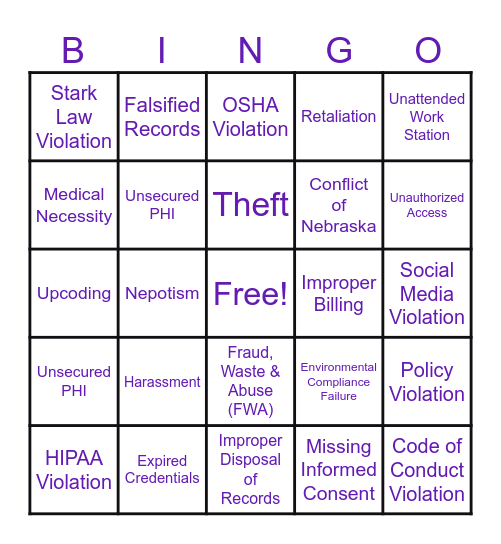 Compliance Bingo Card