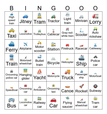 Vehicles emojis Bingo Card