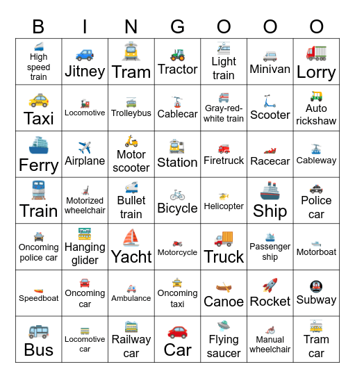 Vehicles emojis Bingo Card