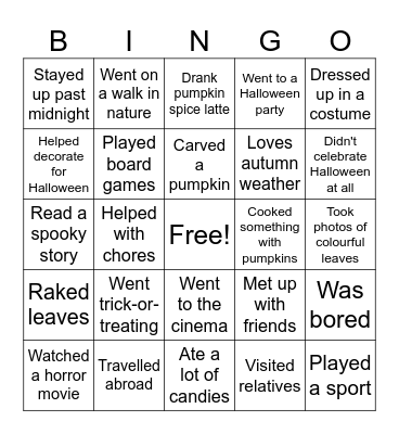 Autumn Break Bingo Card
