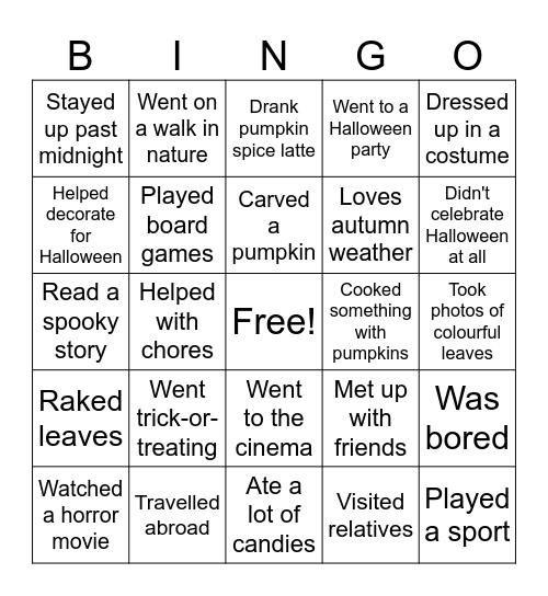 Autumn Break Bingo Card