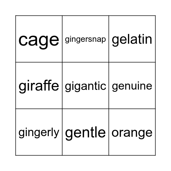 Soft 'g' Bingo! Bingo Card
