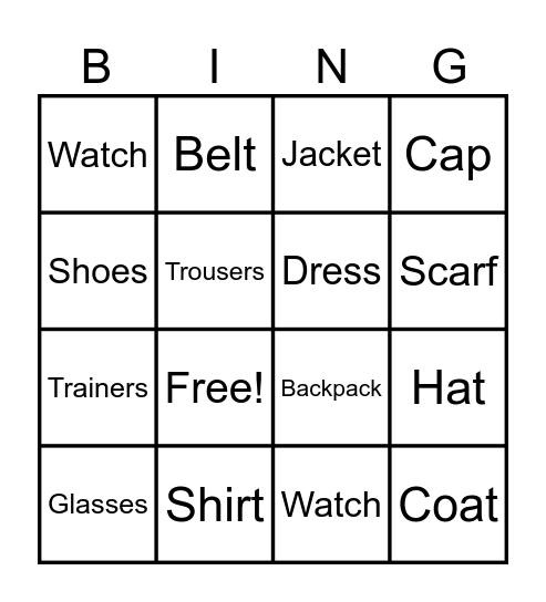 Clothes Bingo Card