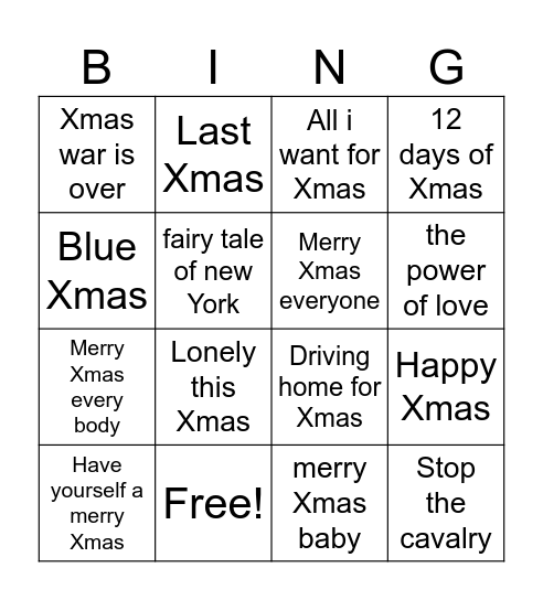 Xmas music bingo Card