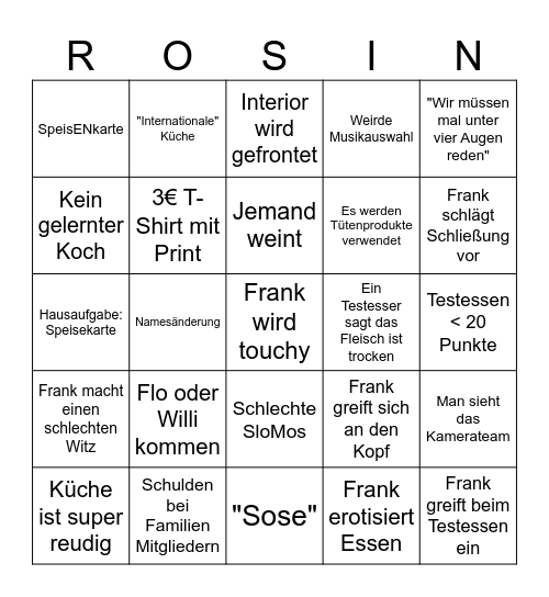 Rosins Restaurants Bingo Card