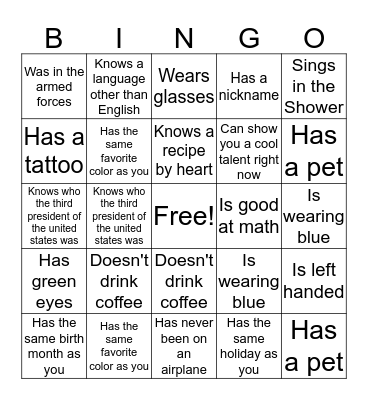 Socialization bingo Card