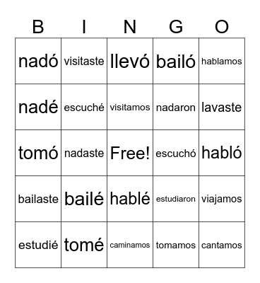 Preterite -ar Verbs Bingo Card
