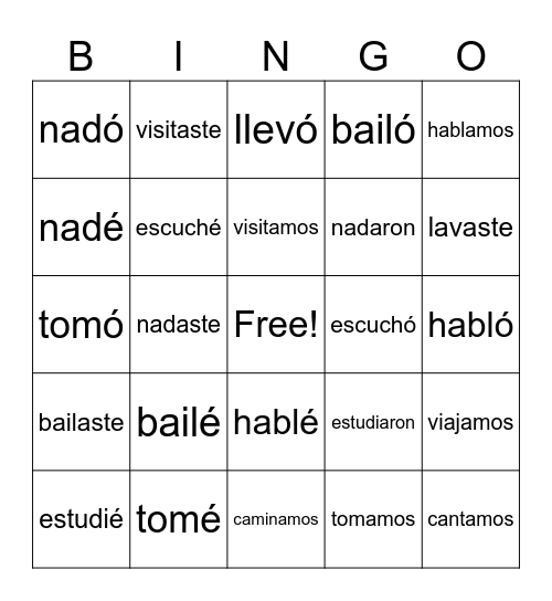 Preterite -ar Verbs Bingo Card