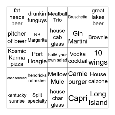 Bartender Bingo Card