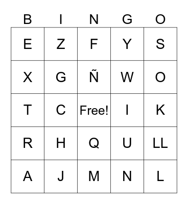 Spanish Alphabet Bingo Card