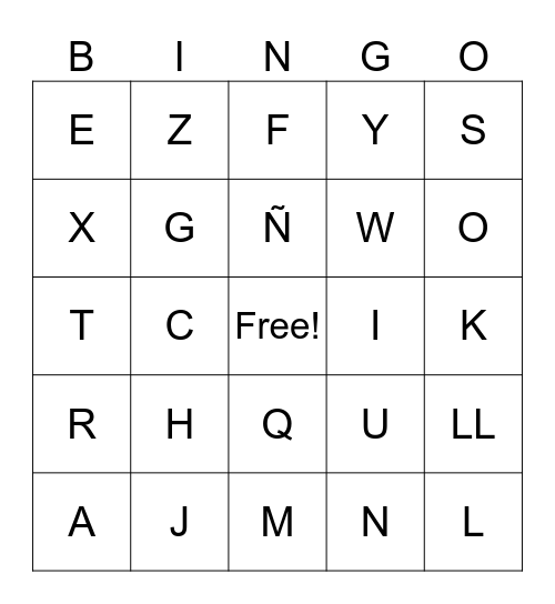 Spanish Alphabet Bingo Card