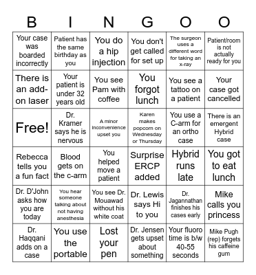 Rad Tech Surgery Bingo Card