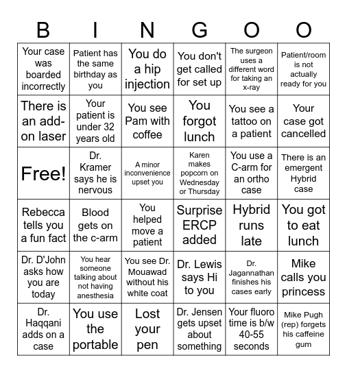 Rad Tech Surgery Bingo Card