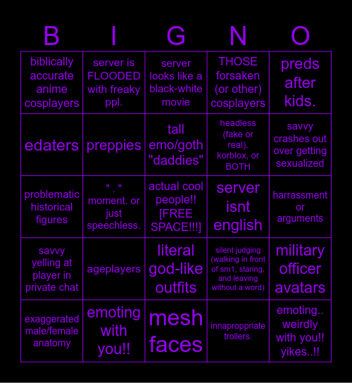 Catalog Avatar Bingo! (or BIGNO) Bingo Card
