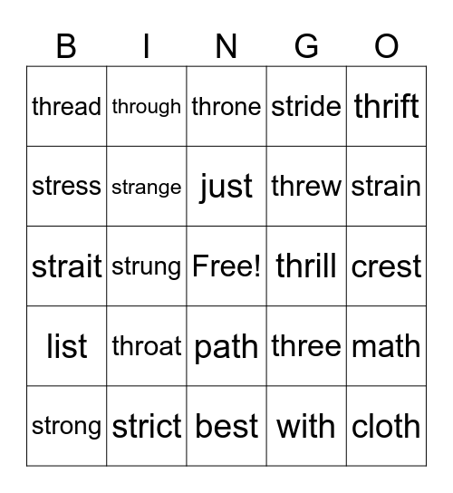 Level I-Triple letter blends str/thr Bingo Card