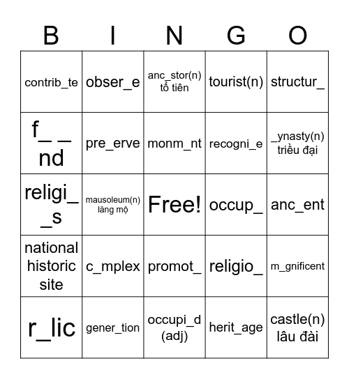 G9 - U4 Vocab Bingo Card