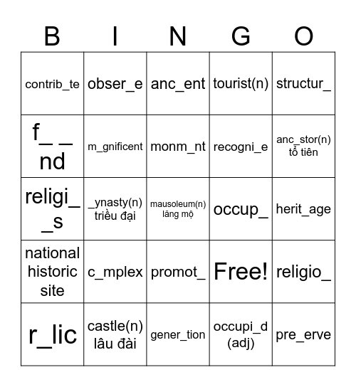 G9 - U4 Vocab Bingo Card