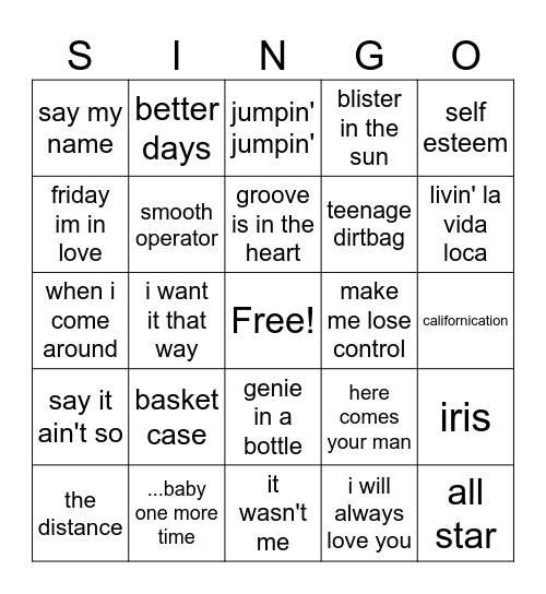 90s Singo Bingo Card