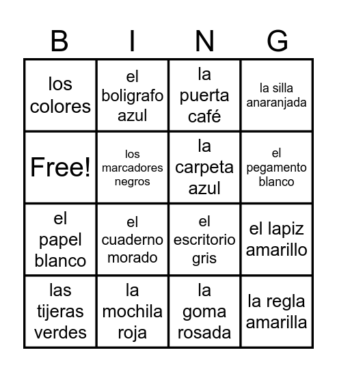 los utiles escolares y los colores Bingo Card