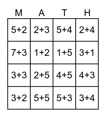 Addition Bingo (Within 10) Bingo Card