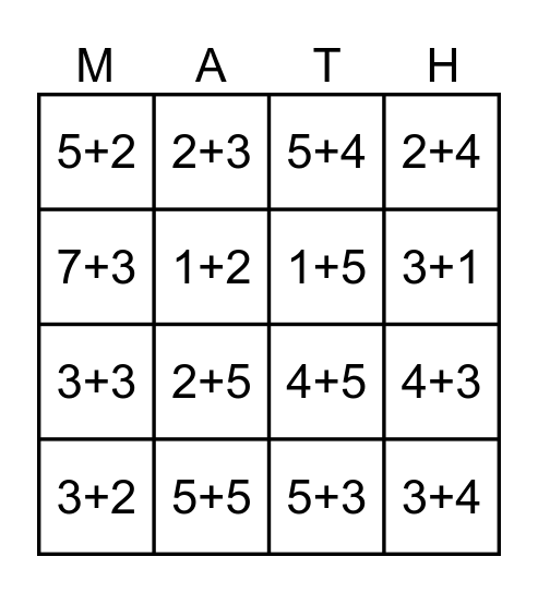 Addition Bingo (Within 10) Bingo Card