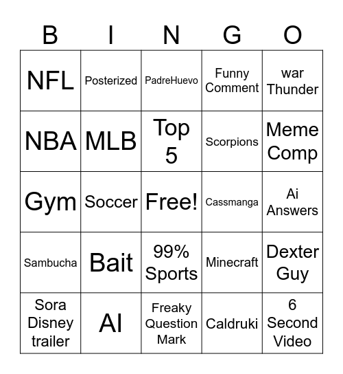 YT Shorts Bingo Card