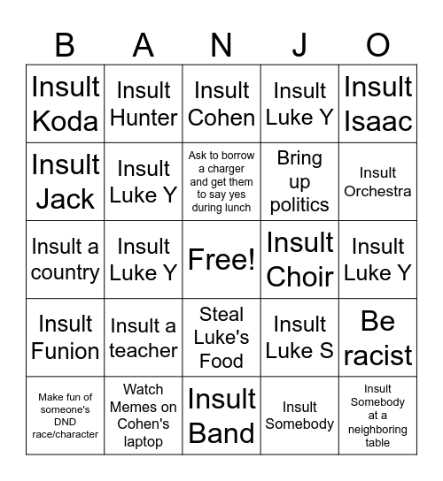 Lunch Table Mayhem Bingo Card