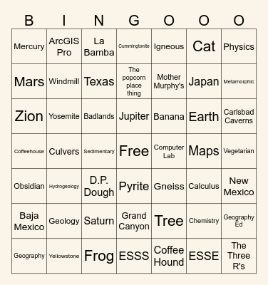 Departmental Bingo Card