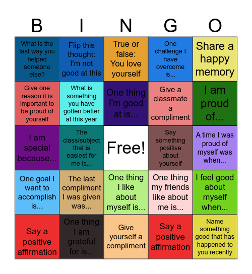 Self Esteem Bingo Card