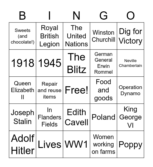 Remembrance Bingo Card