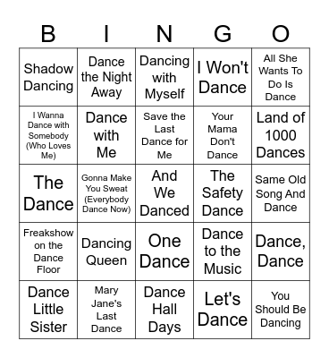 "Dance" Songs Bingo Card