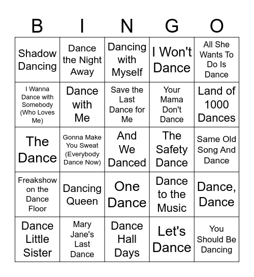 "Dance" Songs Bingo Card