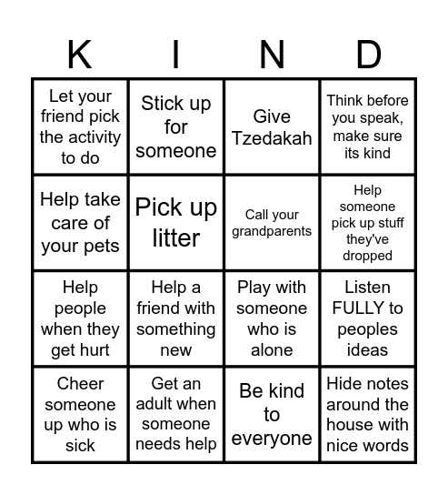 Park First Grade Kindness Bingo Card