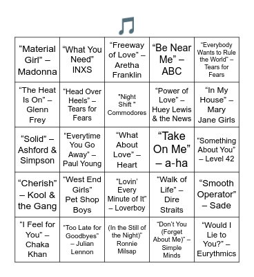 HITS FROM NOVEMBER 1985 - 40 YEARS AGO Bingo Card