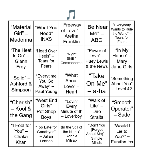 HITS FROM NOVEMBER 1985 - 40 YEARS AGO Bingo Card