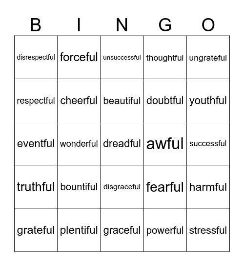 Suffix: _____________ Bingo Card
