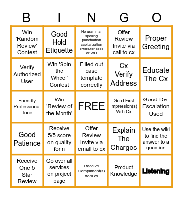 Customer Service Review/Quality Bingo Card