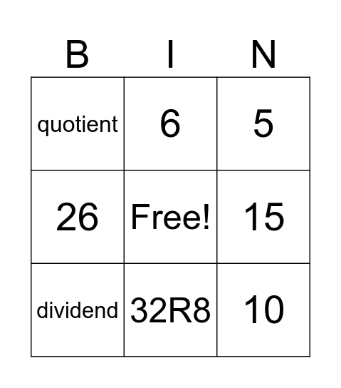 Division Bingo Card