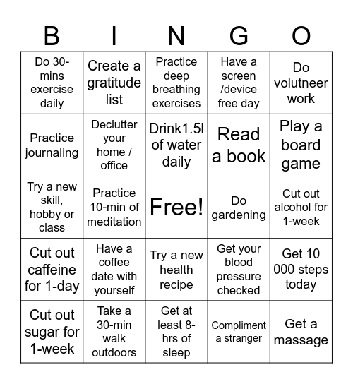 Wellness Bingo Card