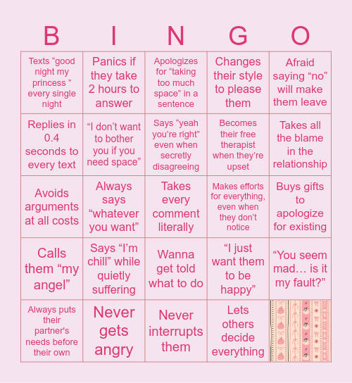 Submissive partner Bingo Card