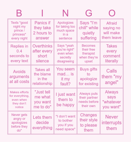 Submissive partner Bingo Card
