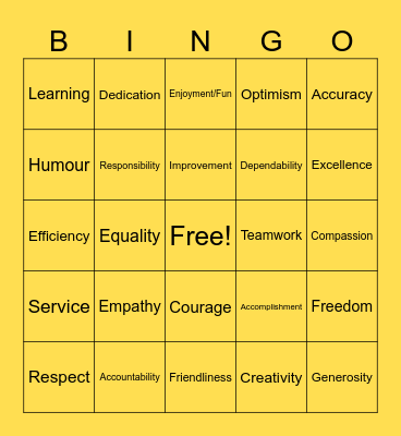 Personal Values Bingo Card