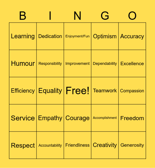 Personal Values Bingo Card