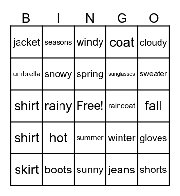 Weather & Clothing Bingo Card