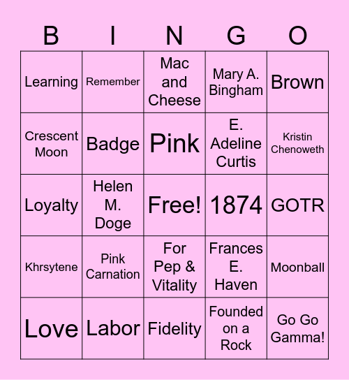 Sisterhood Bingo Card